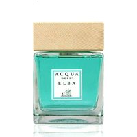 Square glass bottle with turquoise liquid, wooden cap, and Acqua dell'Elba label for marine diffuser.