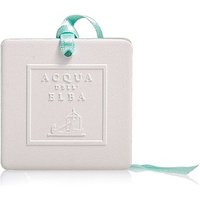 White square ceramic diffuser with embossed Acqua dell'Elba logo, teal ribbon for hanging.
