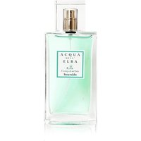 Clear glass bottle with light green liquid, gold spray nozzle, and Acqua dell'Elba Smeraldo label.