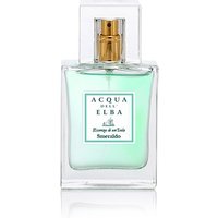Clear glass bottle of Acqua dell'Elba Smeraldo Eau de Parfum, 50 ml, with light green liquid and gold spray nozzle.