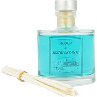 Clear glass bottle with blue liquid, labeled "Acqua di Sestri Levante," paired with natural reed sticks.