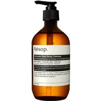 Amber bottle with black pump, Aesop Coriander Seed Body Cleanser label, 500 ml capacity.