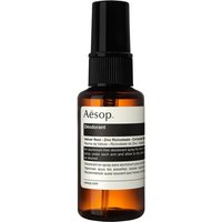 Aesop deodorant spray in amber bottle with black spray cap and white label, 50 ml size.