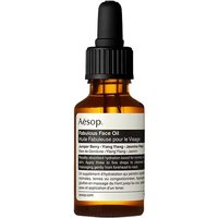 Amber glass bottle with black dropper, Aesop Fabulous Face Oil label in white, 25 ml size.