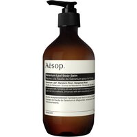 Brown pump bottle of Aesop Geranium Leaf Body Balm, 500 ml, with white label and black text.