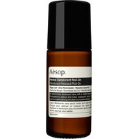 Brown Aesop Herbal Deodorant Roll-On bottle with black cap and white label, 50 ml size.