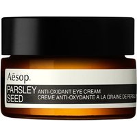 Amber jar with black lid, labeled "Aesop Parsley Seed Anti-Oxidant Eye Cream" in white and black text.