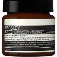Brown jar of Aesop Parsley Seed Anti-Oxidant Hydrating Cream with black lid and white label detailing.