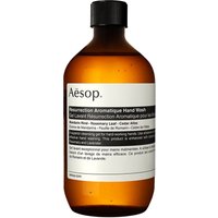 Amber bottle of Aesop Resurrection Aromatique Hand Wash, 500 ml, with white label and black screw cap.