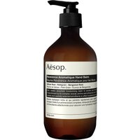 Brown Aesop Reverence Aromatique Hand Balm bottle with black pump and white label, 500 ml size.