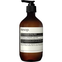 Amber bottle with black pump, white label, and black text; Aesop Rind Concentrate Body Balm 500 ml.
