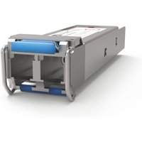 Rectangular silver Allied Telesis fiber optic SFP transceiver module with blue accents and metal connectors.