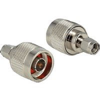 Silver coaxial connector with knurled grip, N-type design, and visible internal threading.