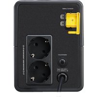 "Black APC UPS with two European outlets, yellow battery connector, and circuit breaker switch on the back panel"