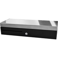 Black APG Cash Drawer ECD460 with silver top, manual and automatic operation, front key lock and bill slot.