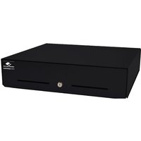 Black electronic cash drawer with a lock and dual slots on the front, by apg Solutions.