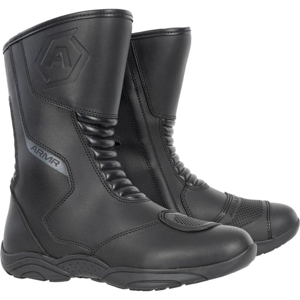 Black ARMR Kiso 4.0 waterproof boots feature a sleek design, made of durable leather with a textured finish, reinforced toe, and logo detailing on the side.
