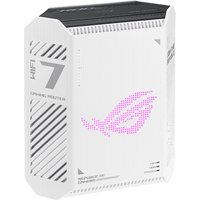 White ASUS GS-BE7200 router with pink LED logo, angular design, and dual-band 2.5 Gigabit Ethernet ports.