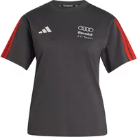 Dark gray Audi women's T-shirt by Adidas, red shoulder stripes, Audi F1 Team logo on chest.