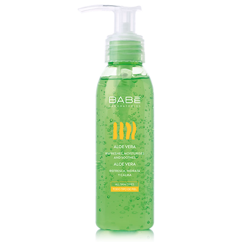 Transparent green gel in a 90ml pump bottle, labeled "Babe" with aloe vera graphics, designed to refresh, moisturize, and soothe all skin types.