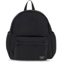 Black Guess backpack with front zip pocket, side pockets, and top handle, featuring a small logo patch on the front.