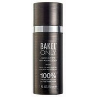 Dark brown Bakel anti-aging night serum bottle, 30 ml, with silver cap and text highlighting 100% active ingredients.