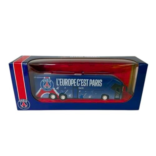 Blue and red toy bus featuring the Paris Saint Germain logo and the phrase "L'Europe C'est Paris," displayed in a clear plastic box with a vibrant design.