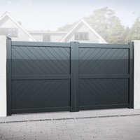 Grey Barnstaple Premium Metal Driveway Double Gates with diagonal panel design and sturdy vertical support beams.