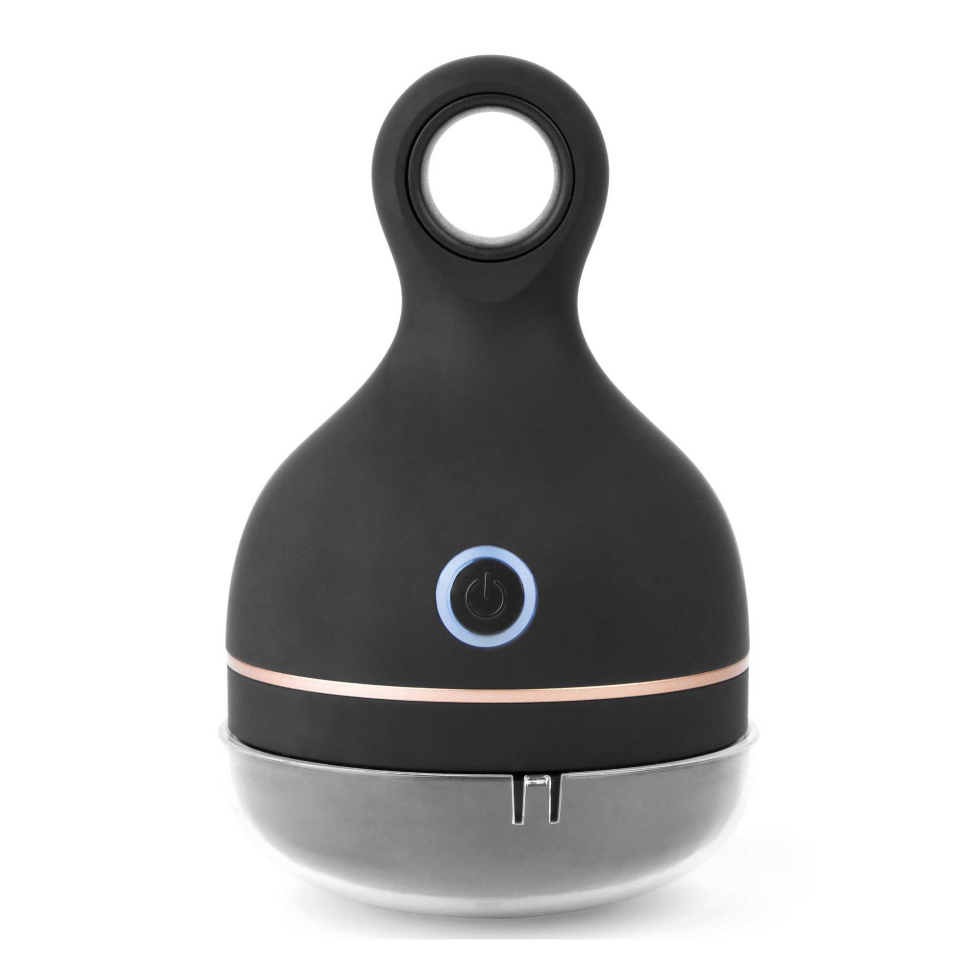 Cordless electric lint remover in sleek black with a metallic silver base, featuring a power button with a blue light and a large, ergonomic handle for easy use.