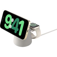 Belkin WIZ020MYH36 stand with smartphone, smartwatch, and sand-colored USB wireless charger.