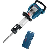 Blue Bosch GSH 16-28 Professional Road Breaker with black handle, silver body, and pointed chisel, includes blue case.