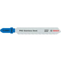Bosch PRO T118 GFS jigsaw blade, silver with blue shank, labeled "PRO Stainless Steel" and "Bosch" in red.
