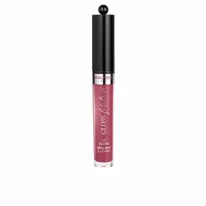 Bourjois Fabulous Gloss 08 in a sleek transparent tube with a black cap, featuring a round black ball on top, showcasing a soft pink lip gloss inside.