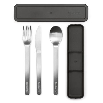 Dark grey Brabantia Make & Take cutlery set featuring a fork, knife, and spoon made of stainless steel, housed in a sleek, matching case.