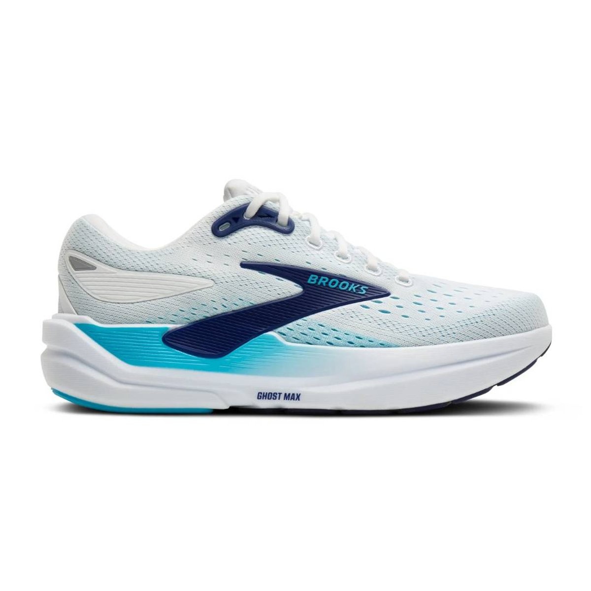 White running shoes with dark blue accents, featuring a breathable mesh upper, cushioned sole, and "Brooks Ghost Max" branding on the side. Size 42.