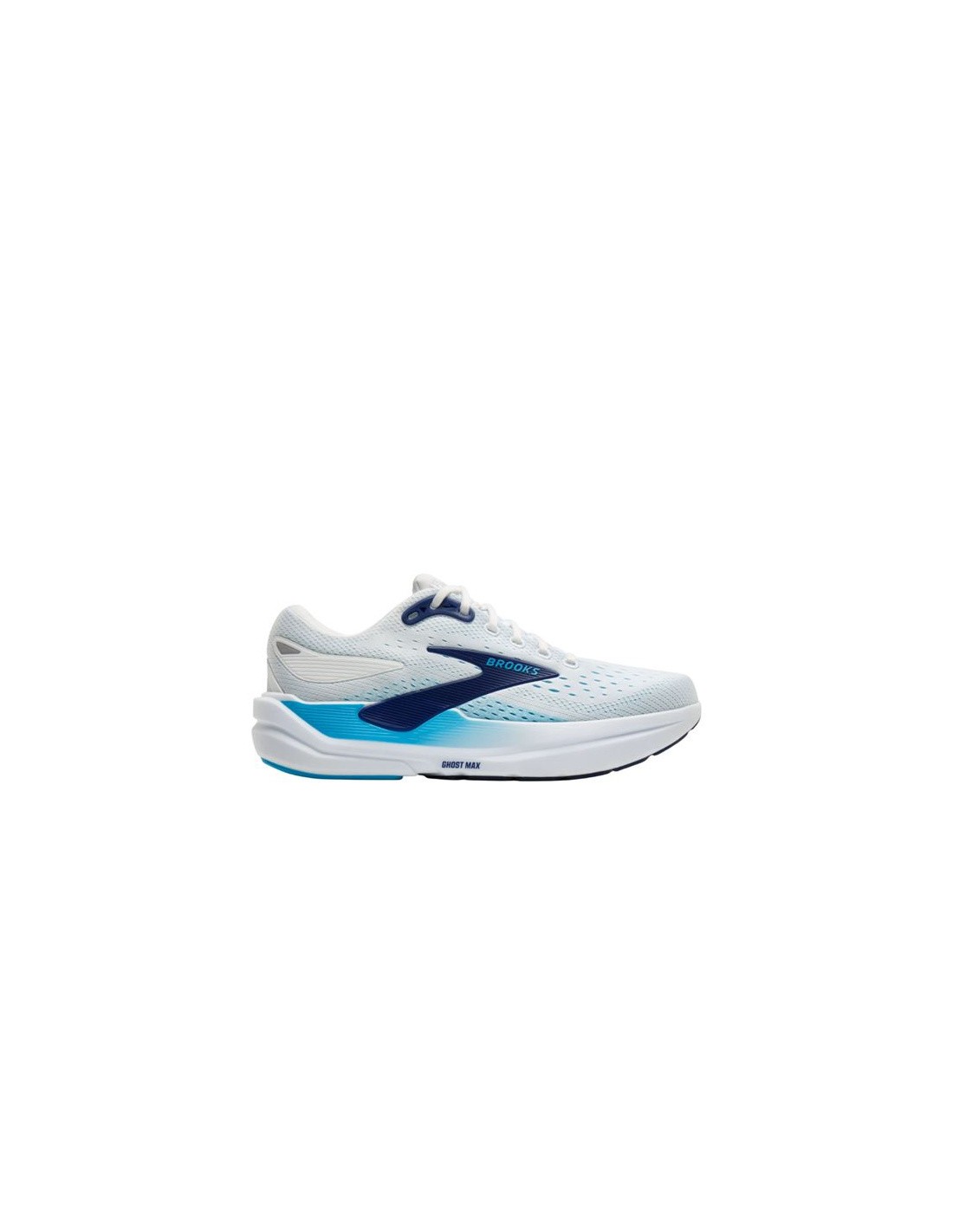 White and dark blue Brooks Ghost Max 3 running shoes featuring a breathable mesh upper, cushioned sole, and a sleek design, size 41.