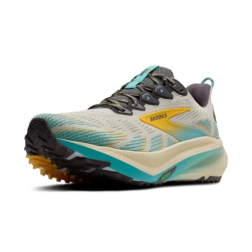 Lightweight trail running shoes featuring a beige and teal upper with yellow accents, a cushioned sole, and rugged outsole for enhanced grip on various terrains.