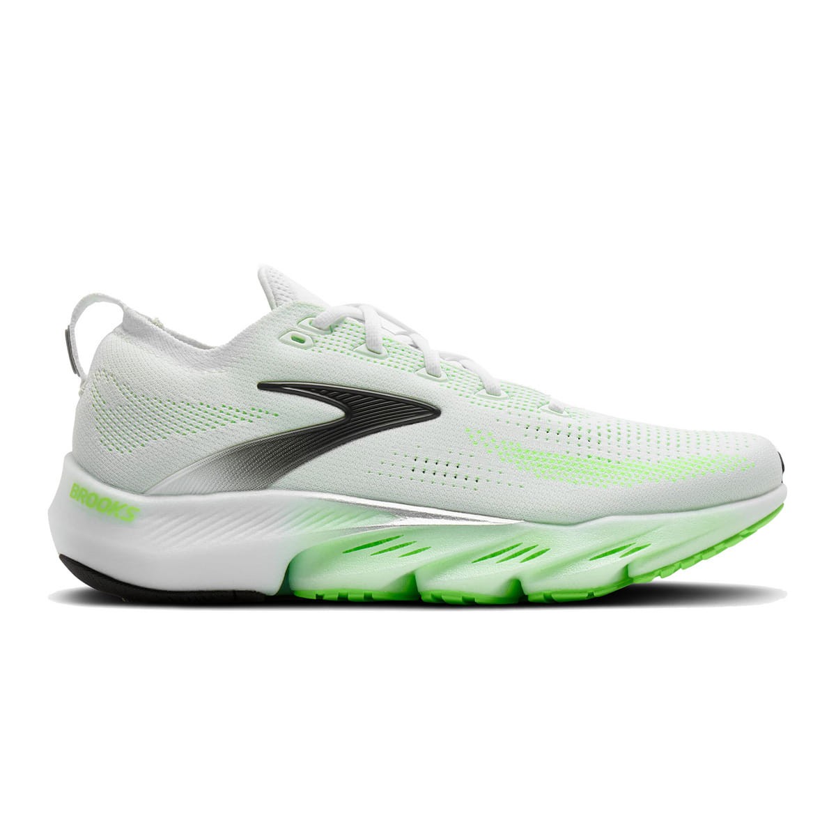 Men's Brooks Glycerin Flex running shoes in white with green accents, featuring a breathable mesh upper, cushioned sole, and a sleek design for comfort and performance.