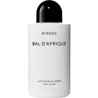 White Byredo Bal d'Afrique body lotion bottle with black cap, minimalist design, 225 ml moisturizing emulsion.