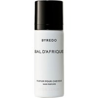 White Byredo Bal d'Afrique hair perfume bottle with black cap, 75 ml, unisex woody fragrance.