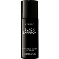 Black Byredo Black Saffron Hair Perfume bottle, 75 ml, with white text and sleek cylindrical design.