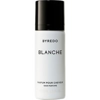 White Byredo Blanche hair perfume bottle with black cap, 75 ml, featuring minimalist black text design.