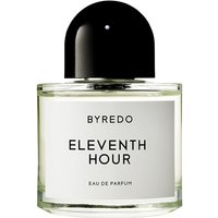Clear glass bottle with black cap, white label reading "Byredo Eleventh Hour Eau de Parfum," unisex spicy fragrance.