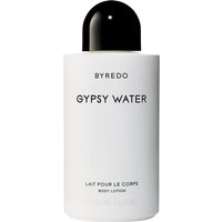 Byredo Gypsy Water Body Lotion, 225 ml white bottle with black cap, minimalist black text design.
