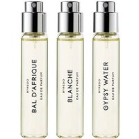 Byredo La Selection Nomade men's citrus kit, three 12 ml clear glass spray bottles with silver caps and black text.