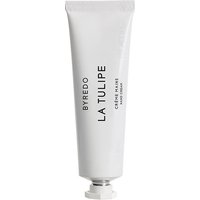 White Byredo La Tulipe hand cream tube, black text, silver cap, 30 ml size.