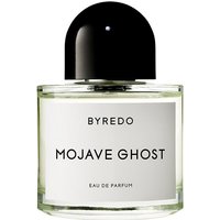 Clear glass bottle of Byredo Mojave Ghost Eau de Parfum, black cap, white label with bold black text, 100 ml size.
