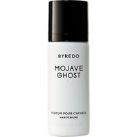 White Byredo Mojave Ghost Hair Perfume bottle, black cap, 75 ml, unisex fruity fragrance label in black text.