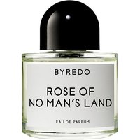 Clear glass bottle with black cap, labeled "Byredo Rose of No Man's Land Eau de Parfum" in bold black text.