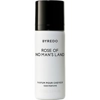 White Byredo Rose of No Man's Land hair perfume bottle with black cap and bold black text.